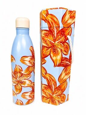 FARM Rio Light Blue Water Bottle with Bold Orange Floral Print 33.81 oz